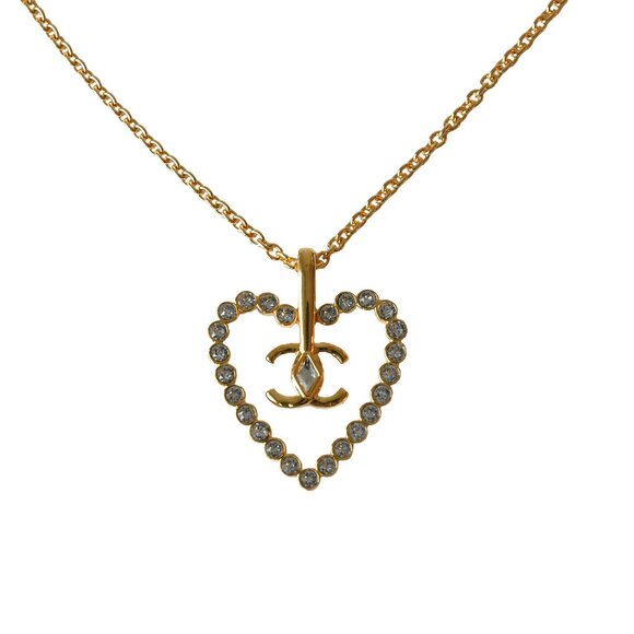 Chanel CC Heart Crystal Strass Pendant Necklace Gold